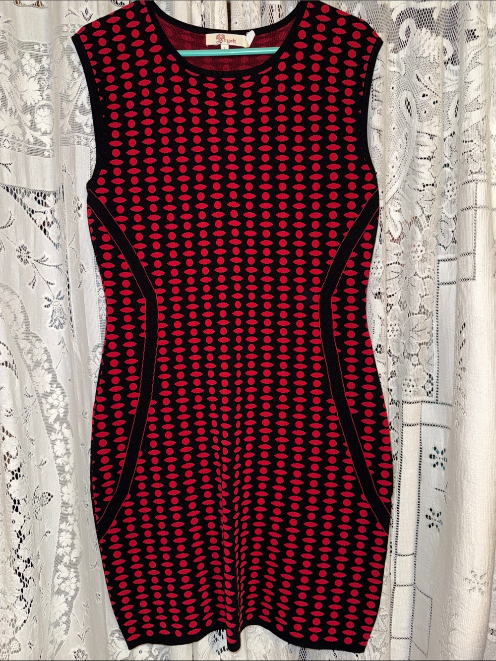 Aryeh Black Sleeveless Midi Dress with Red Dot Pattern